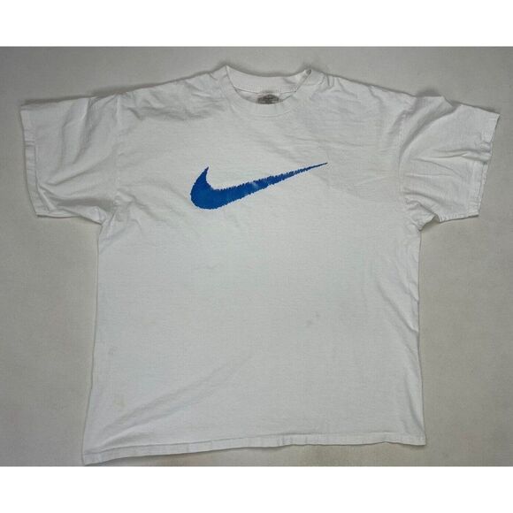 VINTAGE Nike White Tag Big Swoosh Graphic T-shirt Men Large White 90s - Picture 1 of 9